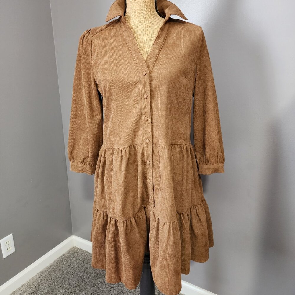 PINCH Brown Corduroy Tiered Midi Shirt Dress Boho Button Front | Size S
